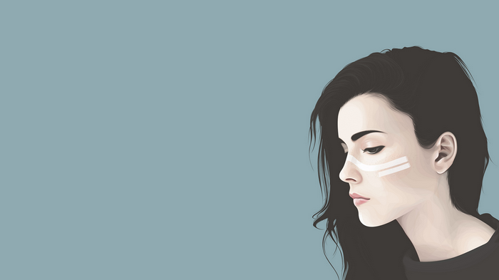 Woman with dark hair and white markings on face