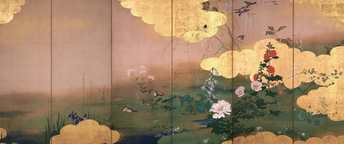 Japanese screen painting with birds and flowers