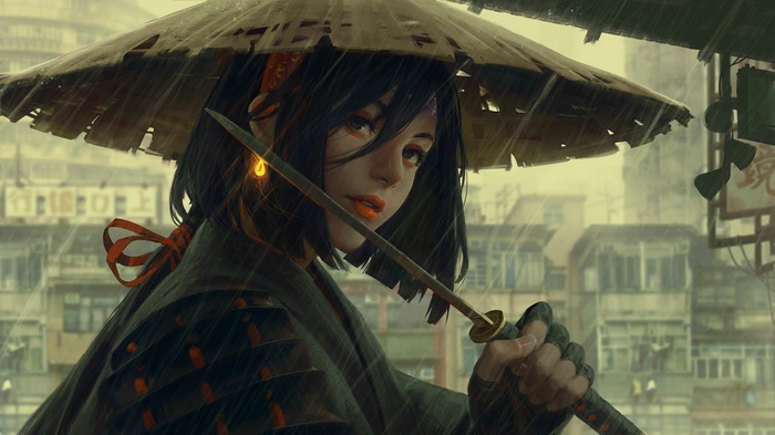 Artwork of a woman with a sword in the rain