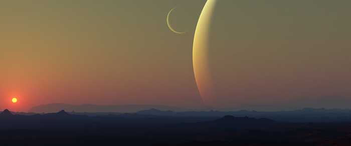 Alien planet landscape with sun and moons