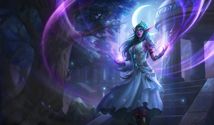 video games, pointed ears, elven, World of Warcraft, artwork, blue eyes, Moon, green hair, digital art, Hearthstone, Tyrande Whisperwind, Warcraft, Blizzard Entertainment