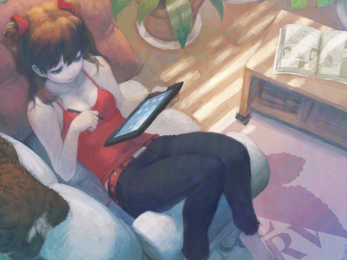 Asuka Langley Soryu from Neon Genesis Evangelion drawing on tablet