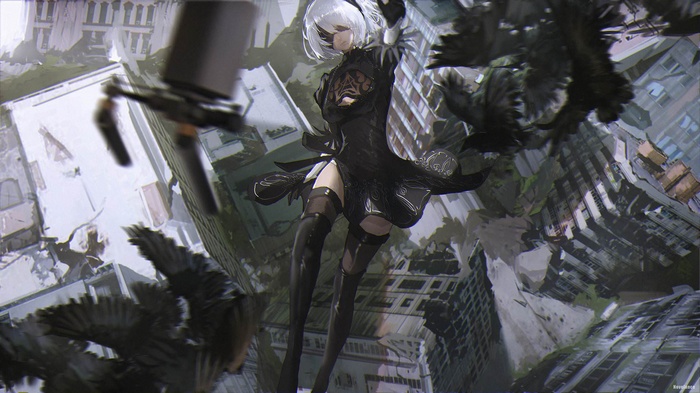 2B from Nier: Automata in a ruined city