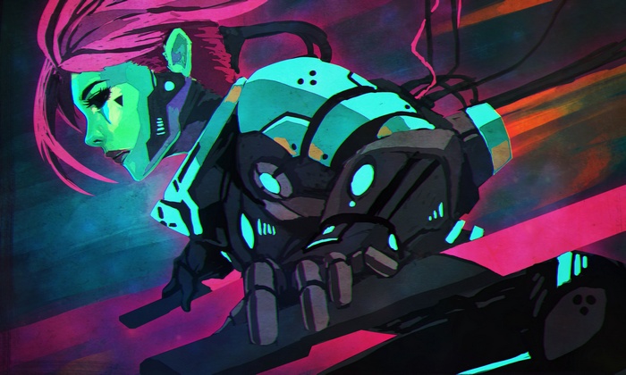 Cyberpunk woman in futuristic armor with pink hair