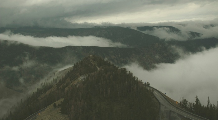 Mountain road winding through misty forests in the USA
