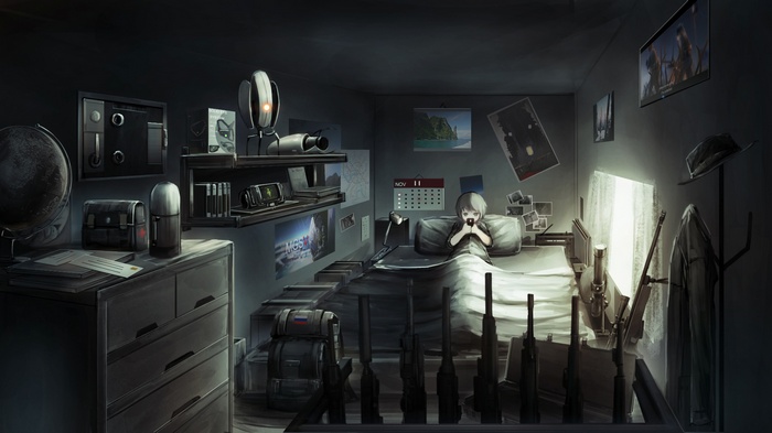 Girl in bed with guns and Portal Gun