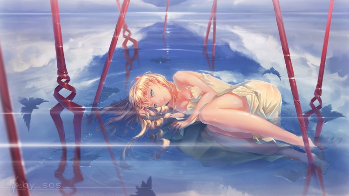 Asuka Langley Soryu from Neon Genesis Evangelion in water with Spears of Longinus