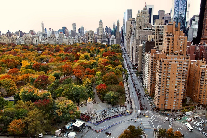 crowds roundabouts birds eye view marathon building street Central Park aerial view Manhattan New York City road sports trees park cityscape urban USA skyscraper plants fall
