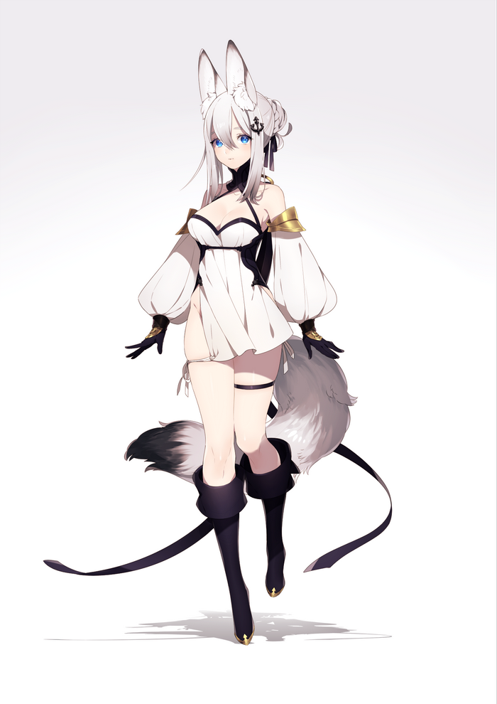 Anime fox girl with white dress and blue eyes