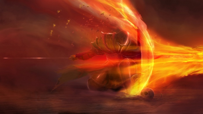 Knight in fiery armor wielding a sword and shield