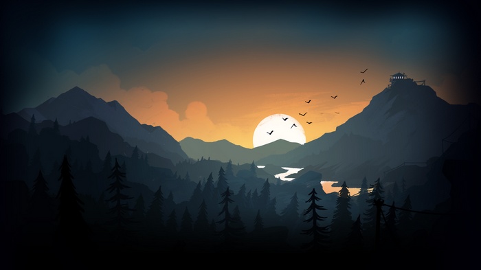 house, Sun, drawing, mountains, Firewatch, trees, birds, lake, evening