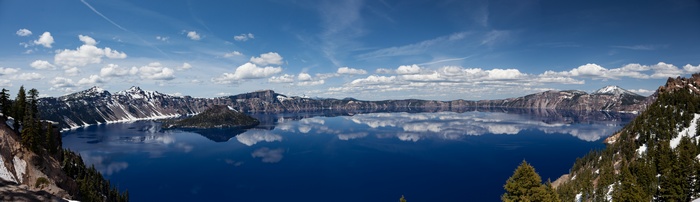 clouds, snow, trees, Crater Lake (Oregon), winter, reflection, lake, photography, sky, mountains