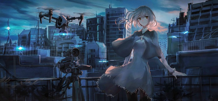 Anime girl with drone and camera in futuristic city