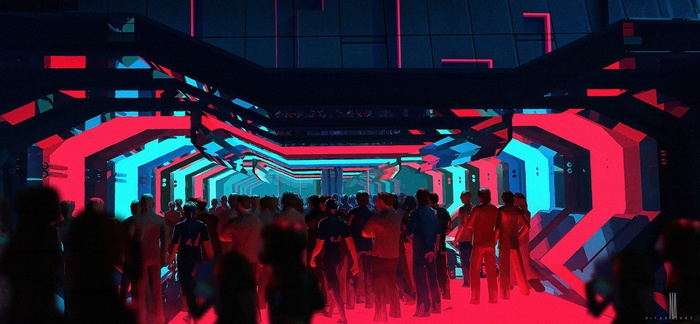 People walking through a futuristic tunnel with red and blue lights
