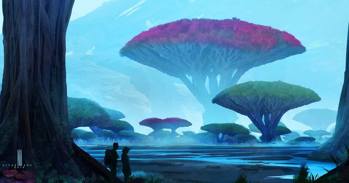 Fantasy landscape with alien trees and two travelers