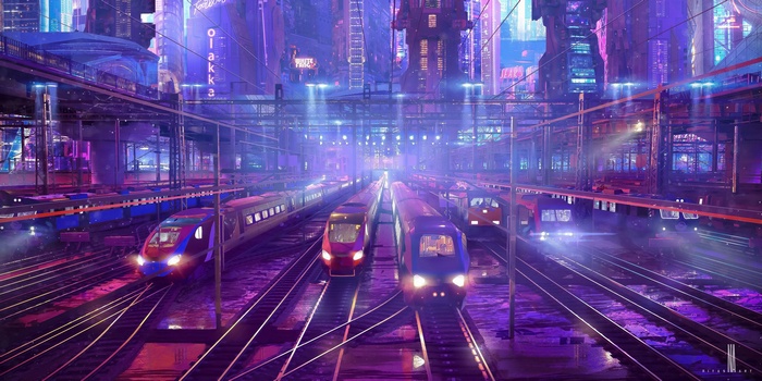 Futuristic cyberpunk cityscape with trains at a station