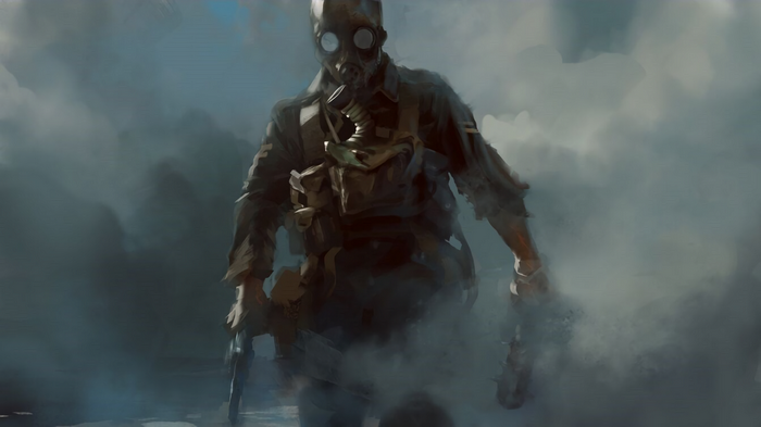 Soldier with gas mask and revolvers in smoke