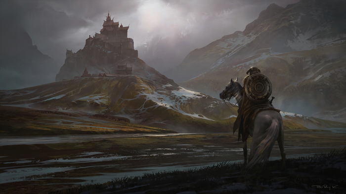 mountains, castle, The Elder Scrolls V: Skyrim, horse, The Elder Scrolls, shield, sword, video games, snow, Whiterun