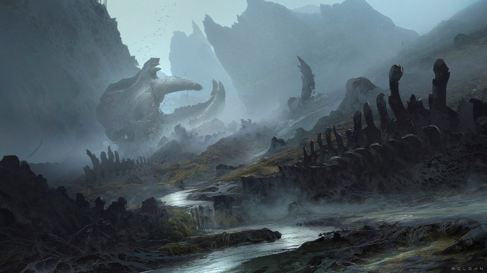 Misty valley with giant bones and a stream