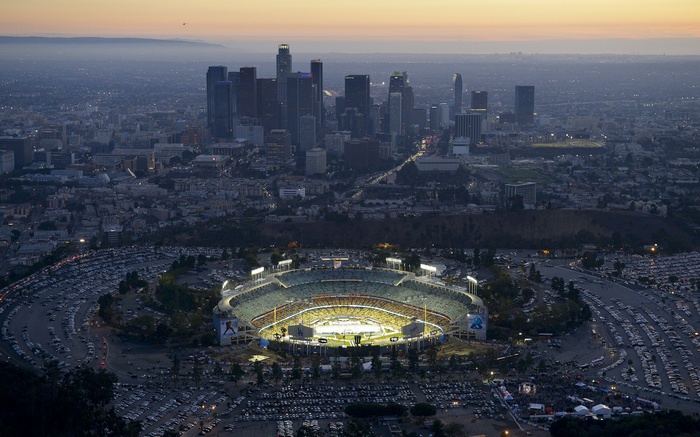 Dodger Stadium and Los Angeles cityscape at dusk