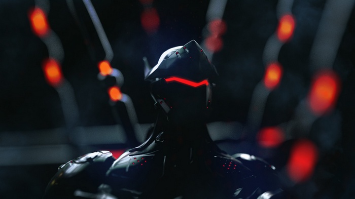 Genji from Overwatch with red neon accents