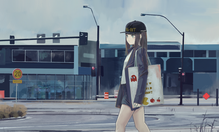 Anime girl with 16-BIT cap walking in city