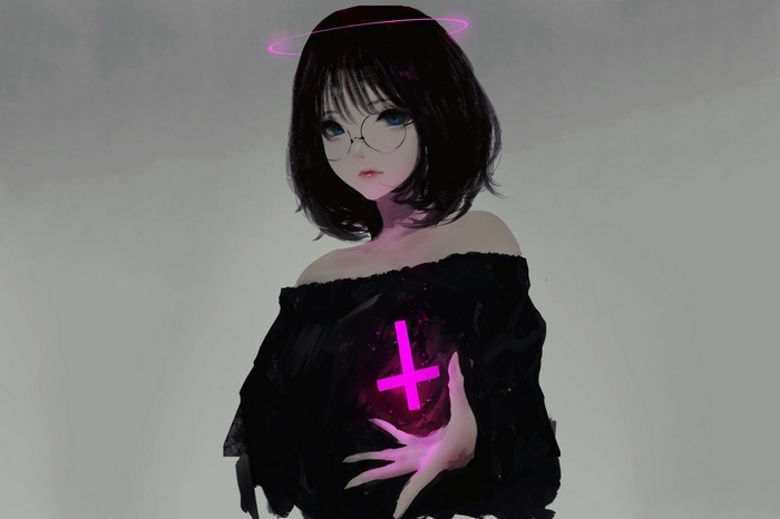 gray background, artwork, cross, blue eyes, glasses, Aoi Ogata, original characters, anime girls, anime, short hair
