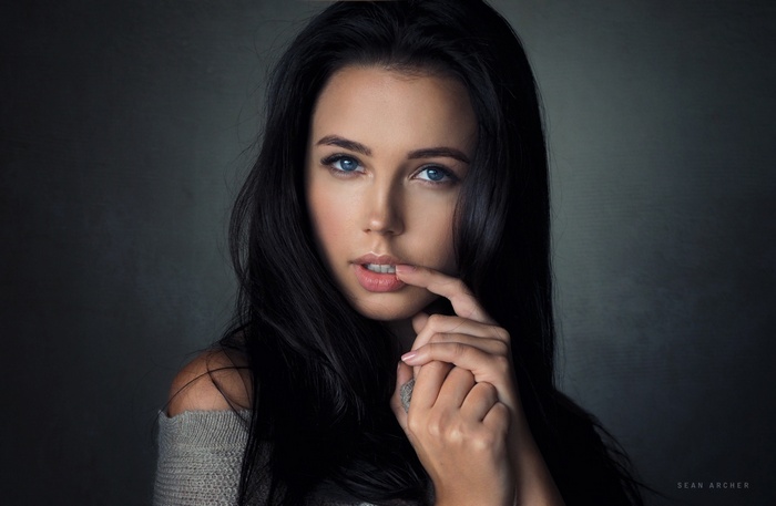 portrait, blue eyes, finger on lips, looking at viewer, simple background, Sean Archer, black hair, women