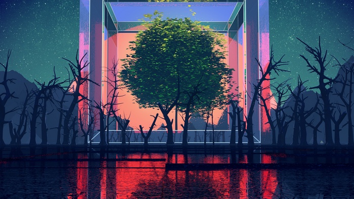 Surreal landscape with a tree in a glass cube