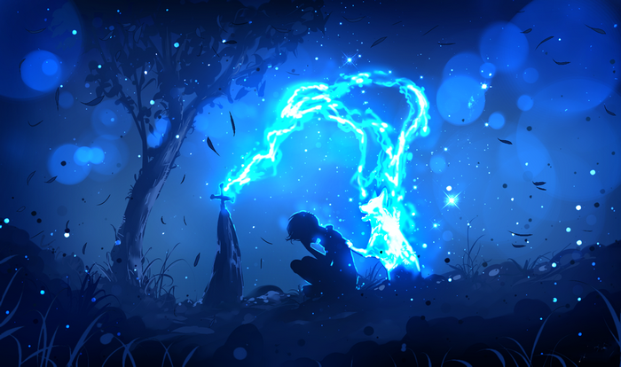 Fantasy art of a spirit dog and a person by a grave
