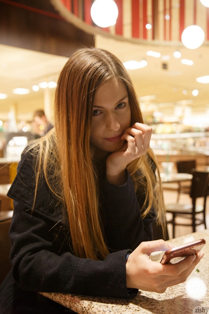 Ombre Hair, black coat, long hair, restaurant, Stella Cox, women, women indoors, looking at viewer, zishy