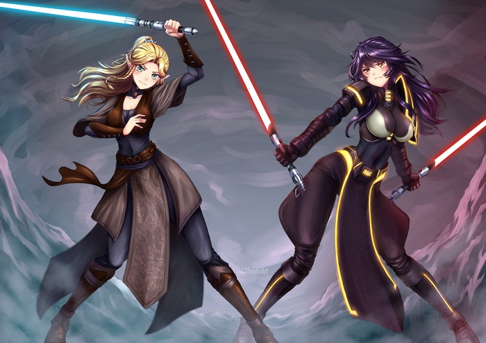 Two female Star Wars characters with lightsabers