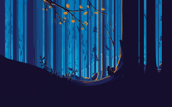 Squirrel in a blue forest illustration by Tom Haugomat