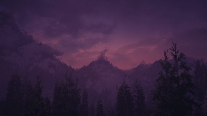 The Elder Scrolls V: Skyrim mountain landscape at dusk