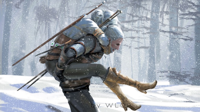 Geralt of Rivia carrying Ciri through a snowy forest
