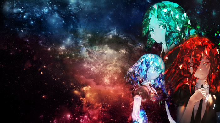 Phos, Diamond, and Cinnabar from Houseki no Kuni in space