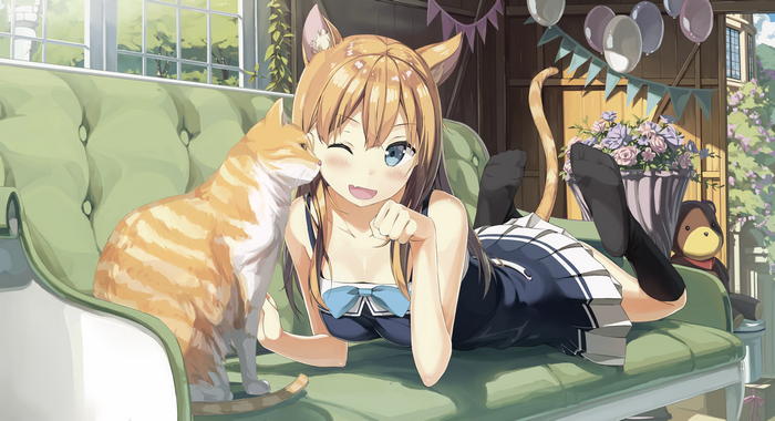 Anime girl with cat ears and tail with a cat
