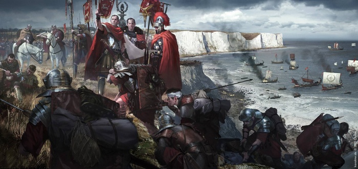 Roman Legionnaires landing on a beach with ships in the background