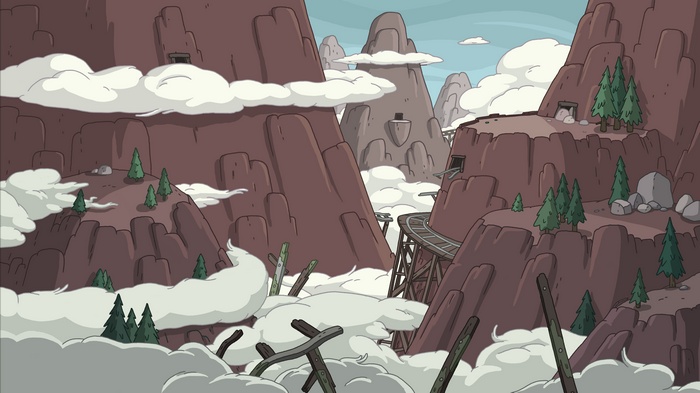 Adventure Time mountain landscape with clouds and railway