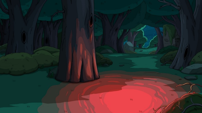 Red light in a dark forest from Adventure Time