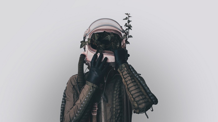 Astronaut helmet filled with ivy
