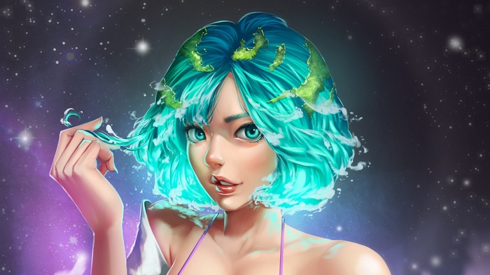 Earth-chan with blue hair in space