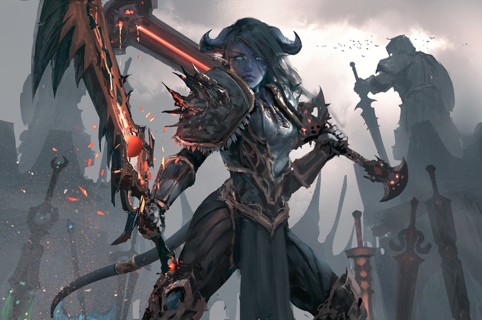 Female Draenei warrior with glowing sword from World of Warcraft