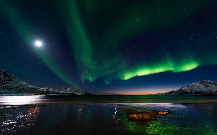 Aurora Borealis over a snowy landscape and ocean