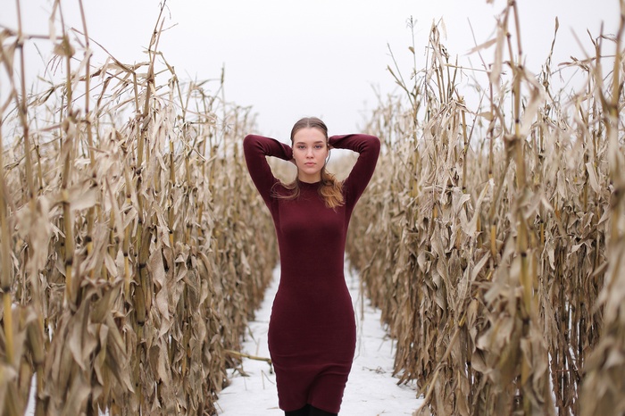 Woman in red dress in a cornfield