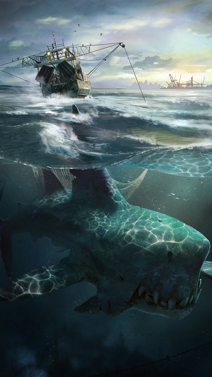 Giant shark attacks fishing boat in stormy seas
