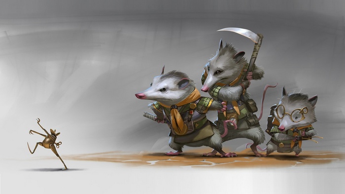 Three possum warriors and a clockwork frog
