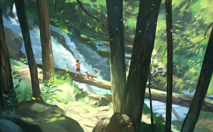 A boy and a fox walk on a log over a waterfall