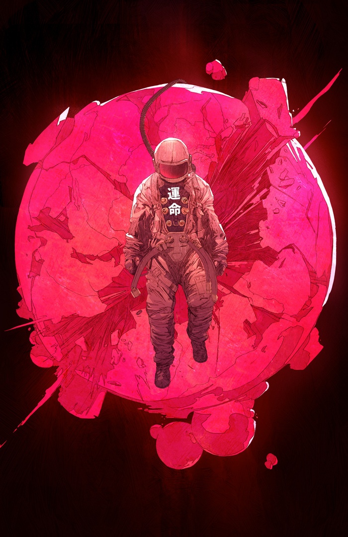 Astronaut on a destroyed pink planet
