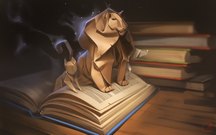 Origami lion and cat on books